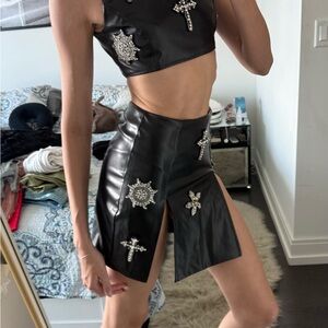 Black Leather Two-Piece Set with Embellishments